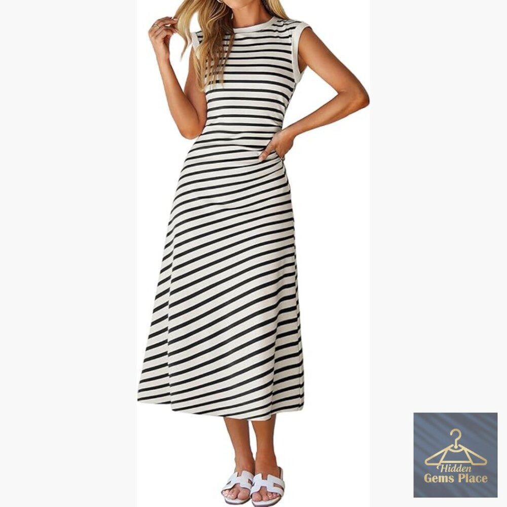 Soft Stretch Midi Dress A-Line Cap Sleeve Casual Summer Work Beach